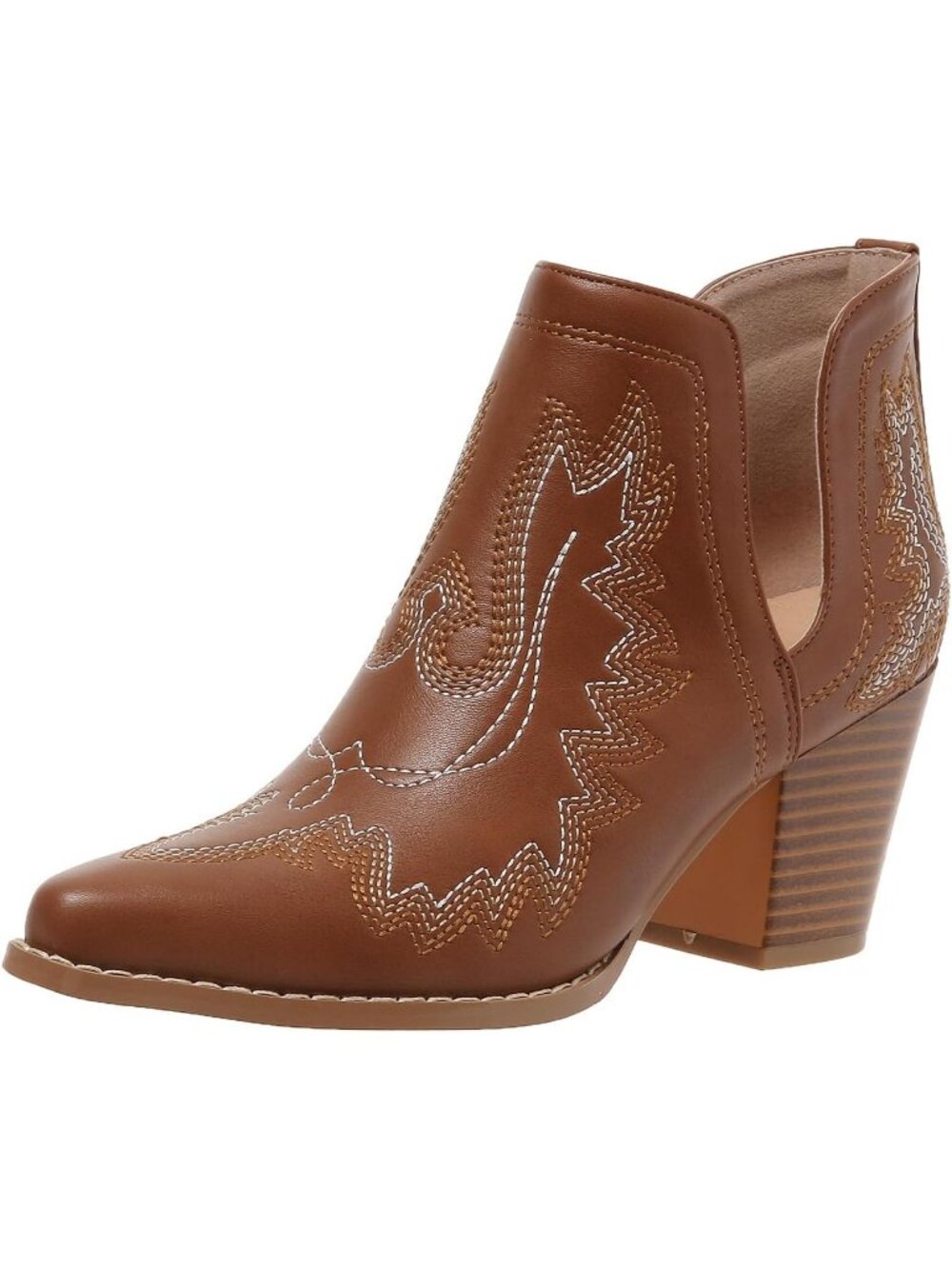Women's Yellow Brown Leather Cowgirl Ankle Embroidered Cutout Chunky Heel Boots